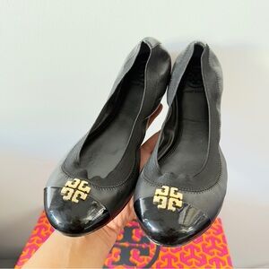 Tory Burch Black Flats with Gold Emblem